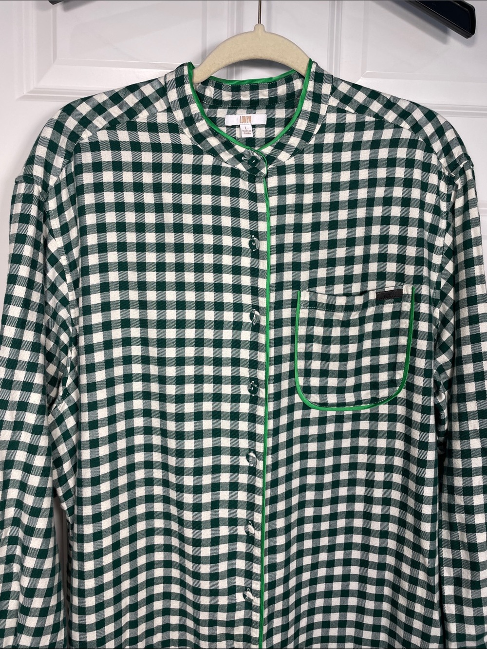 Lunya Brushed Flannel Button Up Shirt Dress Large Verdant Check Green Long Sleev - Picture 7 of 11